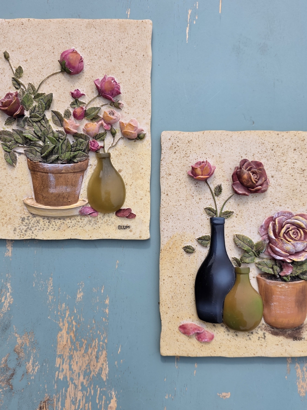 Cheri Blum Floral Wall Plaques Set Cottage Rose Decor